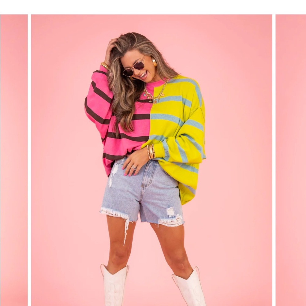 $128 Free People Colorblock Striped Crewneck Sweater - Hot Pink & Lemon - Picture 3 of 7
